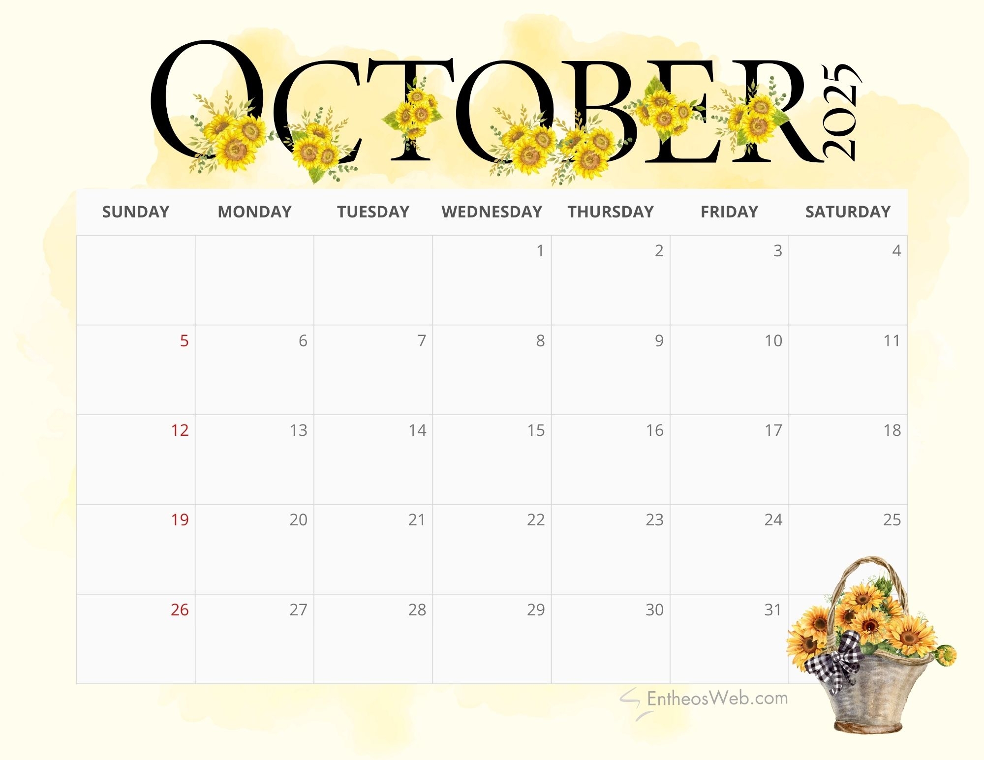 Free Printable Monthly Calendar 2025 Sunflowers EntheosWeb