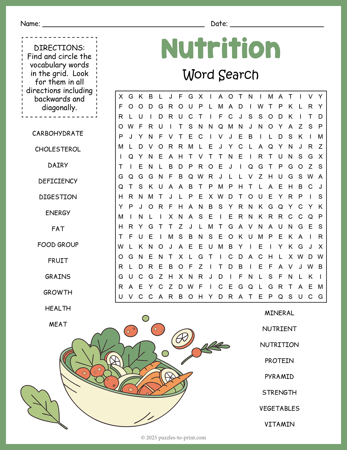 Free Printable Nutrition Word Search