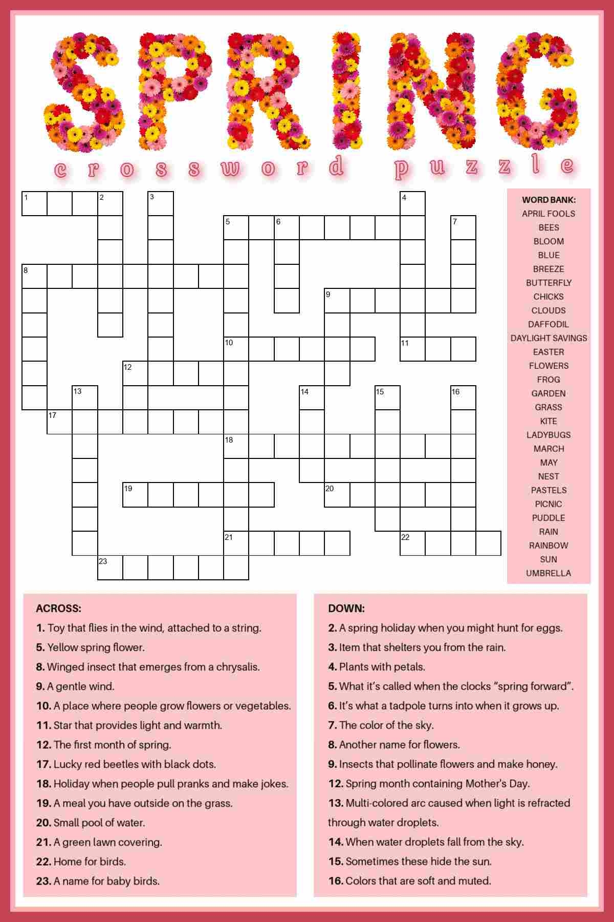 Spring Crossword Puzzles Free Printable
