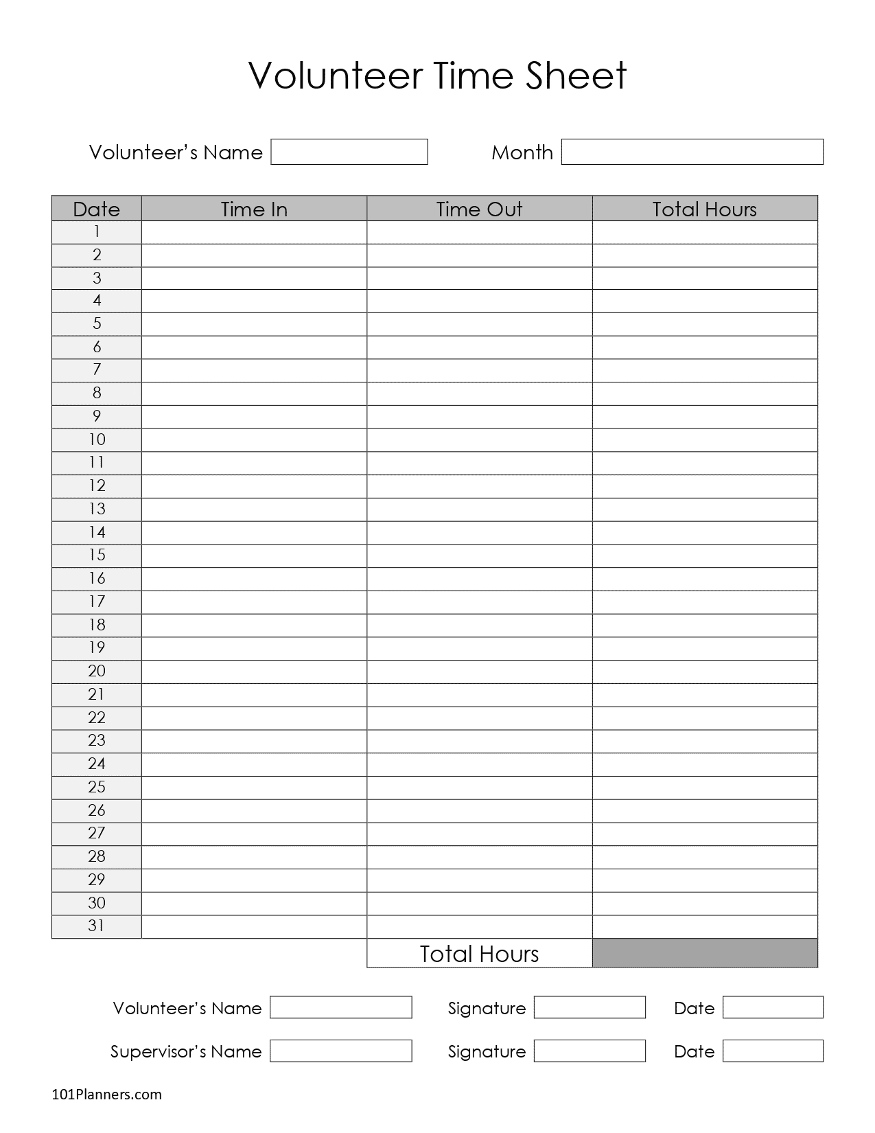 Simple Printable Monthly Timesheet Template