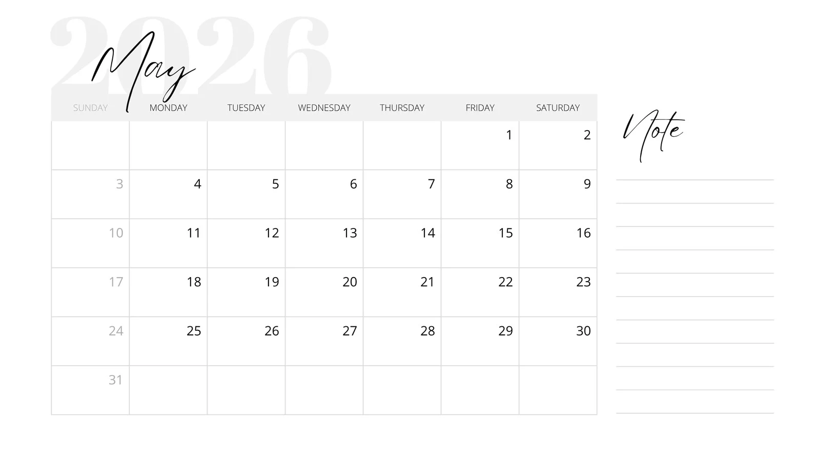 May Blank Calendar 2026