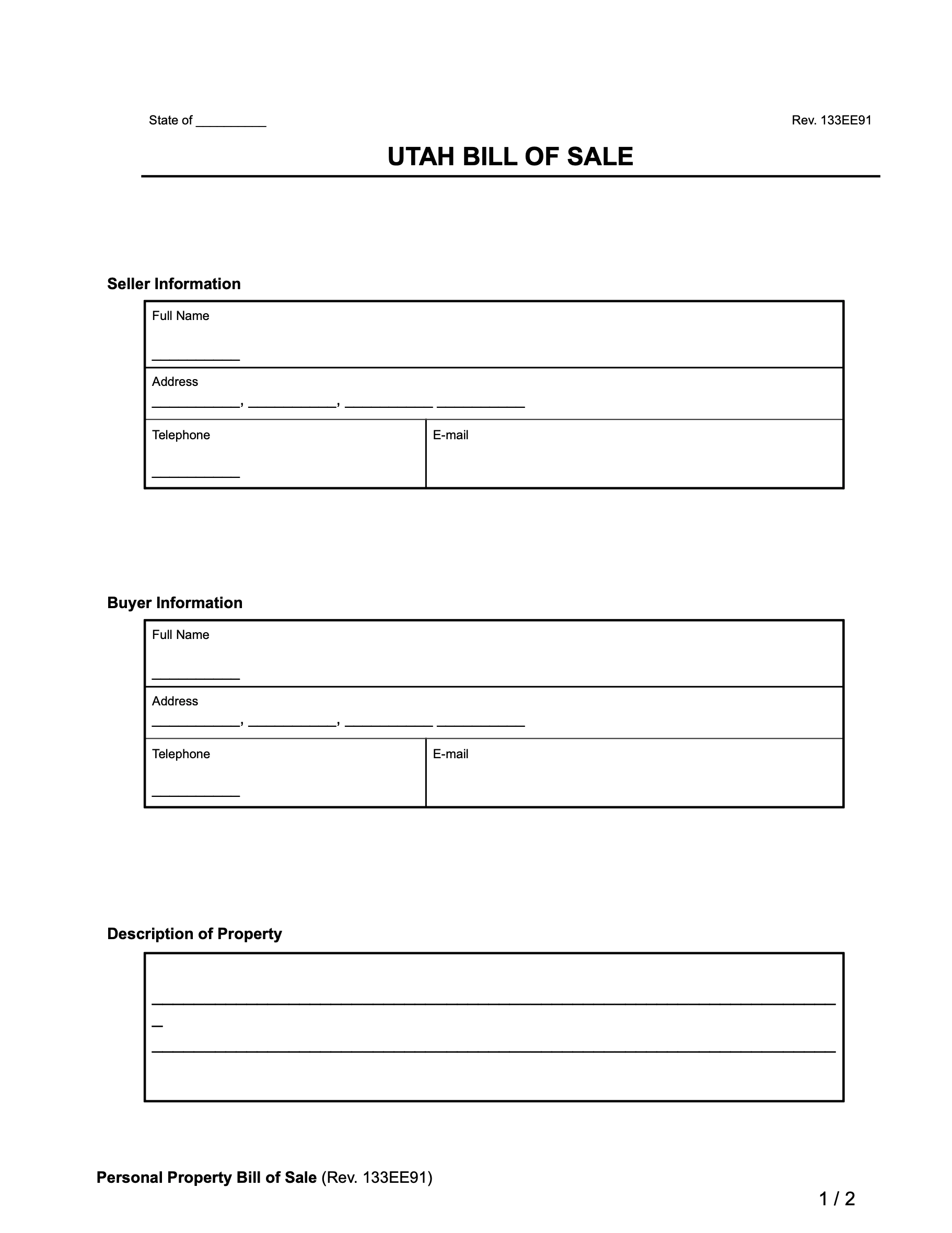 Free Utah Bill Of Sale Forms PDF amp Word