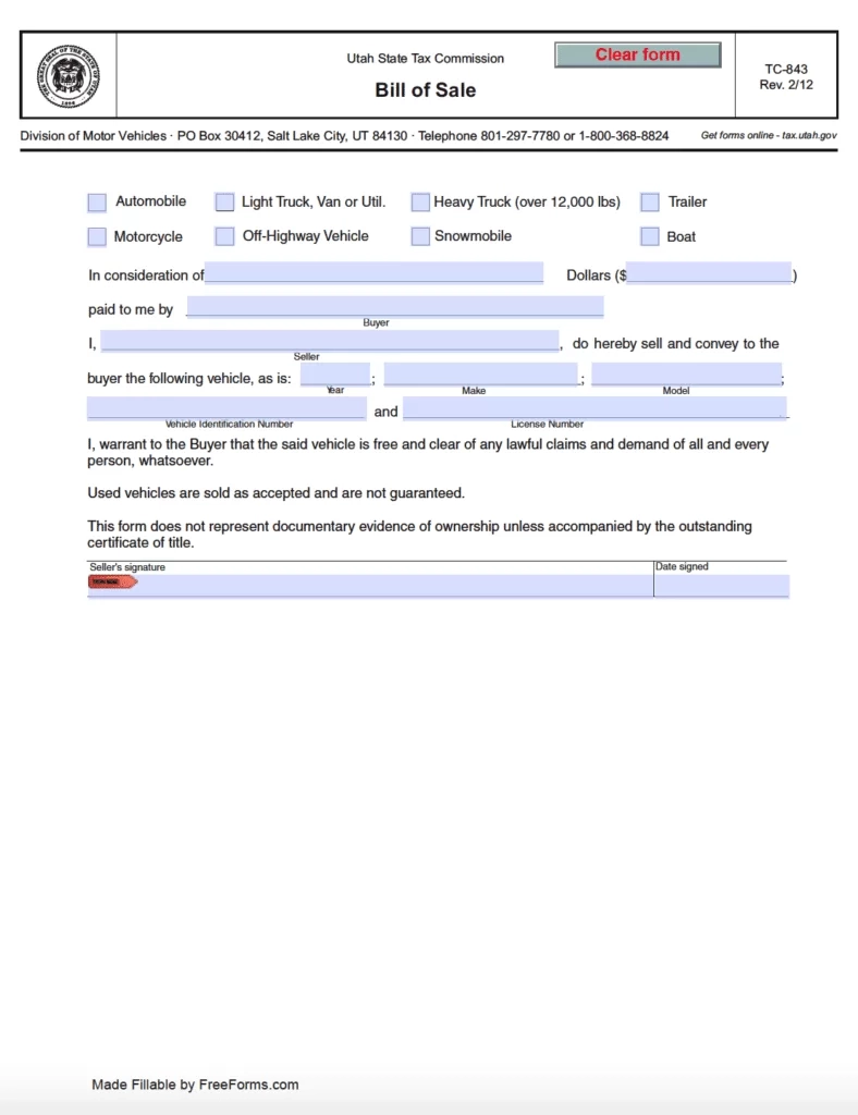 Free Utah Bill Of Sale Forms PDF