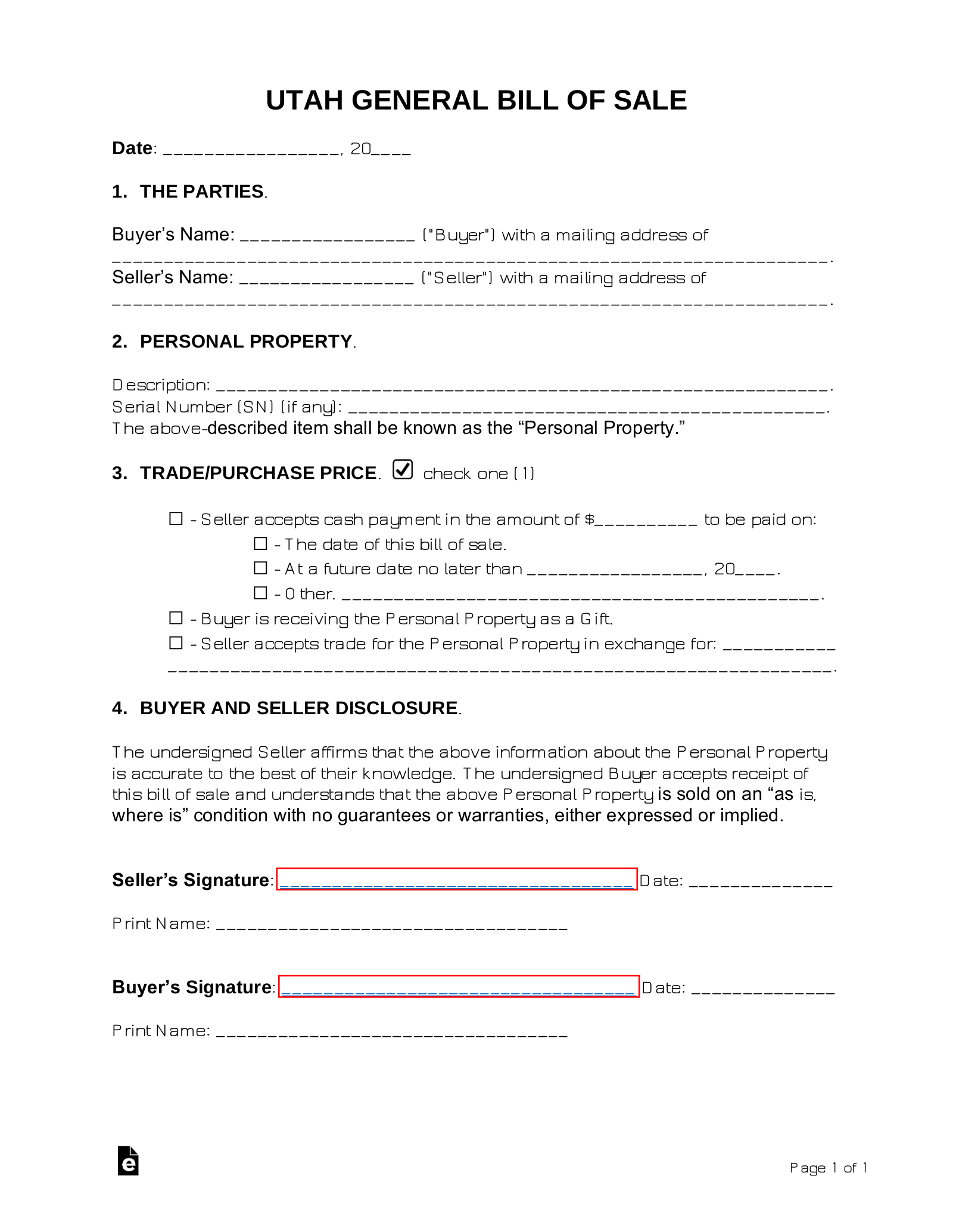 Bill Of Sale Form Printable Utah