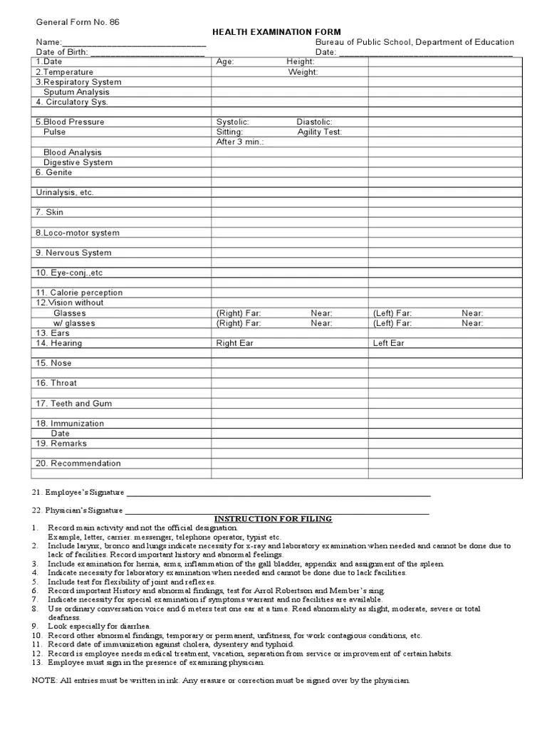 General Form No 86 Health Examination PDF Hearing Loss Blood 