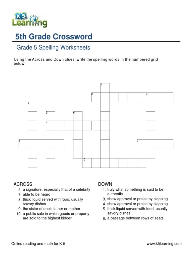 Grade 5 Crossword 1 PDF Crossword Games Of Mental Skill