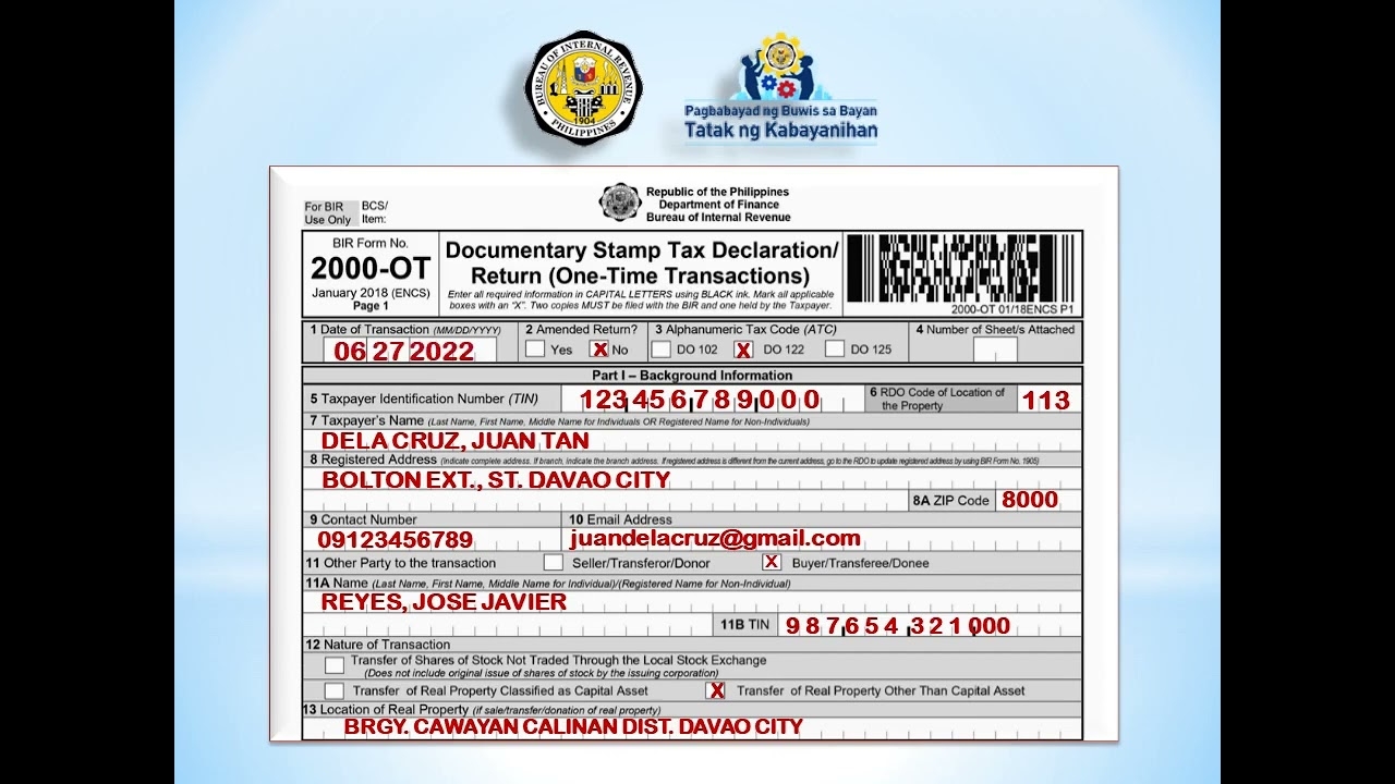 Guide On How To Fill Out BIR Form 2000 OT Documentary Stamp Tax Return One Time Transactions 