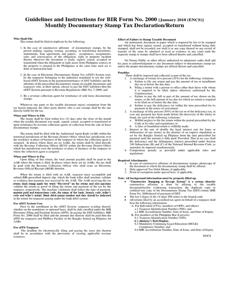 Guidelines And Instructions For BIR Form No 2000 Monthly 