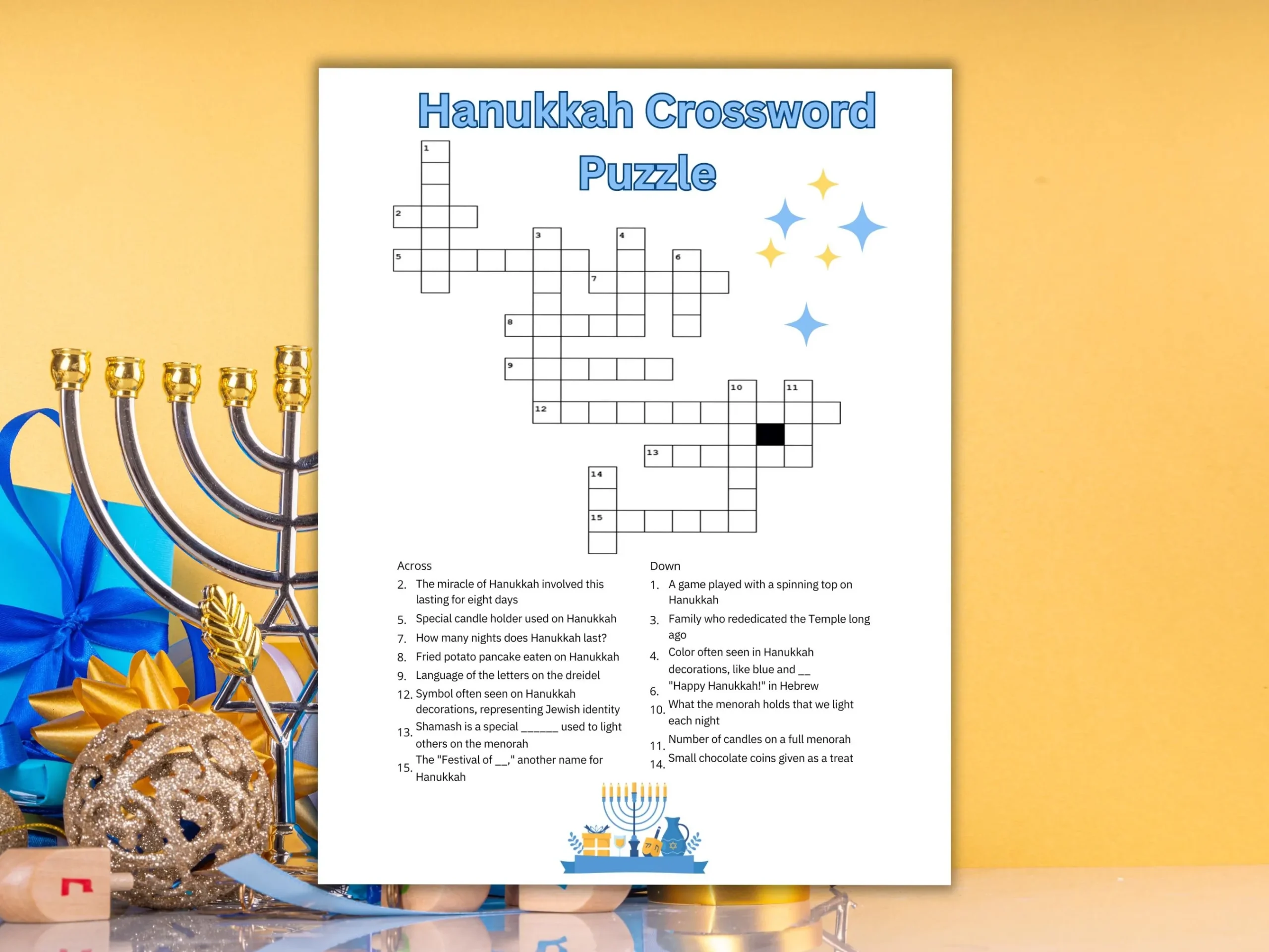 Hanukkah Crossword Puzzle Printable Worksheet Game kids Adults 