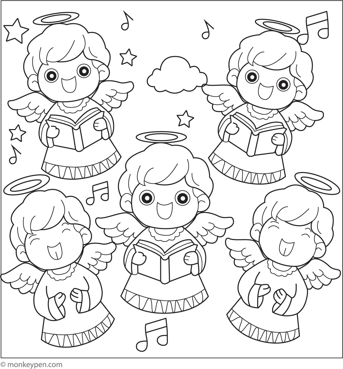 Happy Angels Singing Free Coloring Page