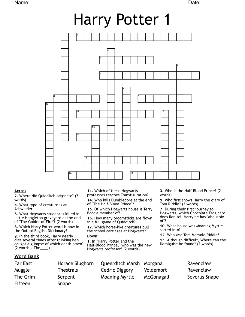 Harry Potter 1 Crossword WordMint
