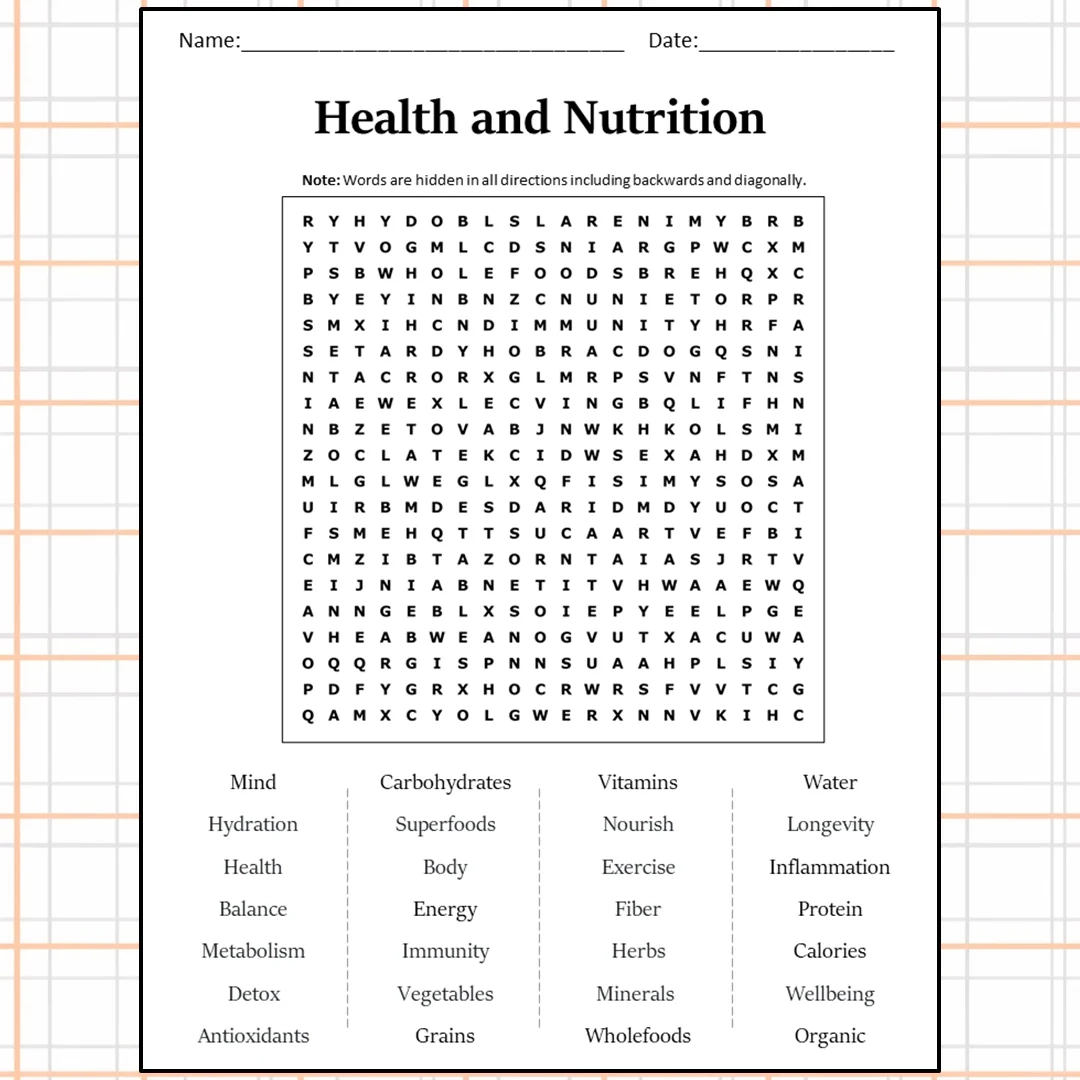 Health And Nutrition Word Search Puzzle Worksheet Activity PDF