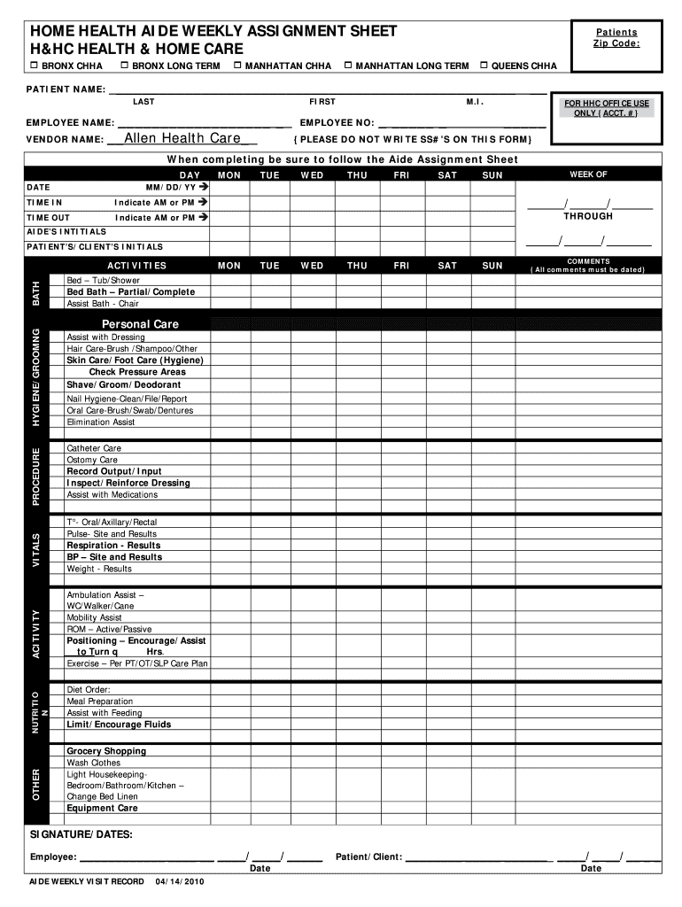 Home Health Aide Weekly Assignment Sheet Form Fill Online 