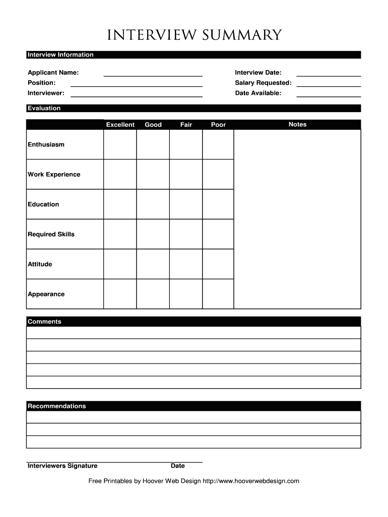 Hoover Web Design Interview Summary Form Fill Online Printable 