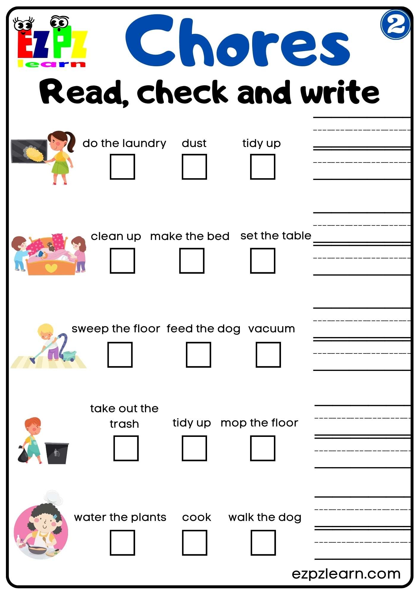 Household Chores Vocabulary Read Check And Write Worksheet For 