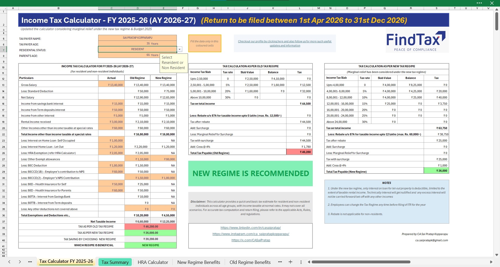  Income Tax Calculator In Excel For FY 2025 26 AY 2026 27 