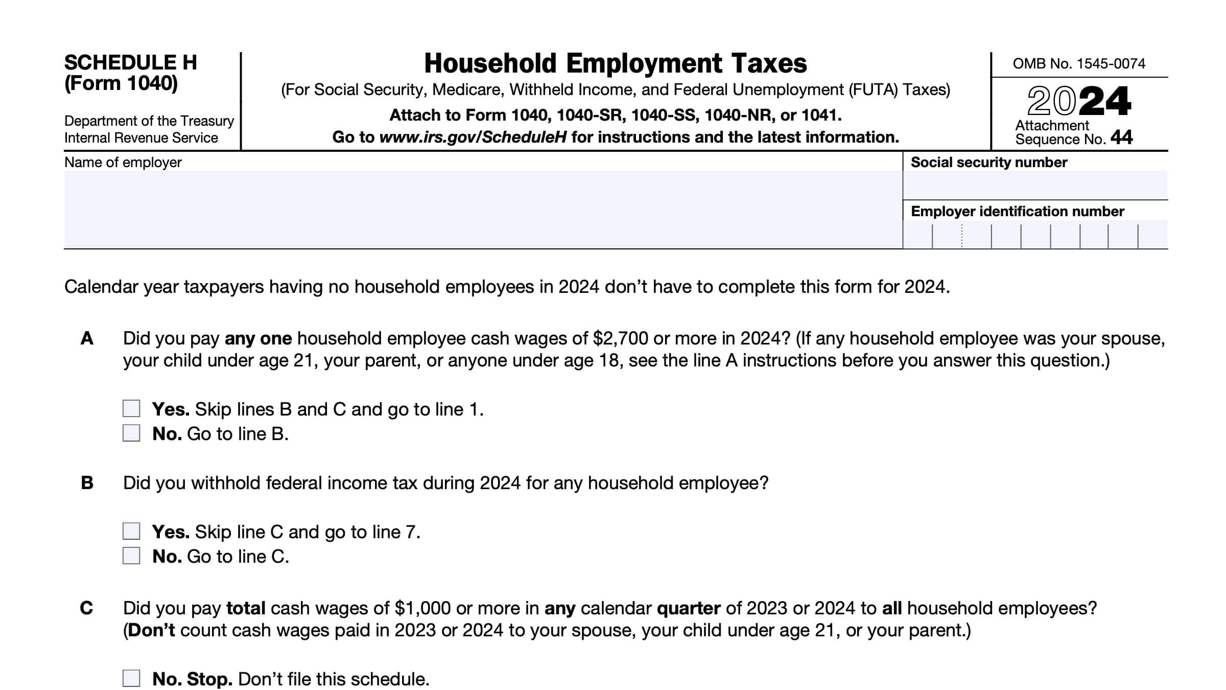 IRS Schedule H Instructions Household Employment Taxes