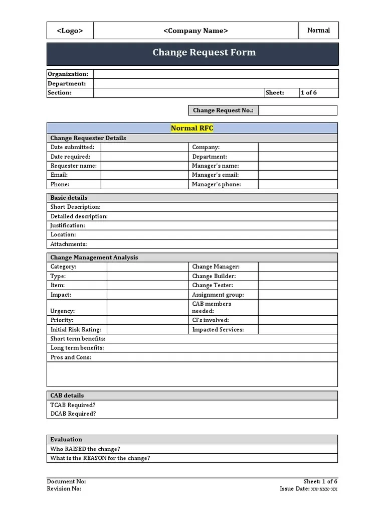 ITIL Change Request Form PDF Risk Risk Management
