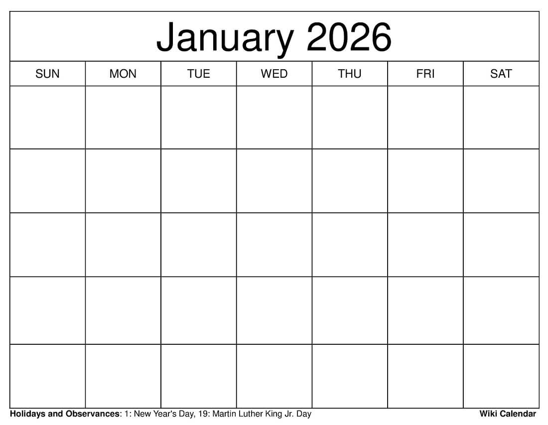 Printable Blackline 2026 Blank Calendar