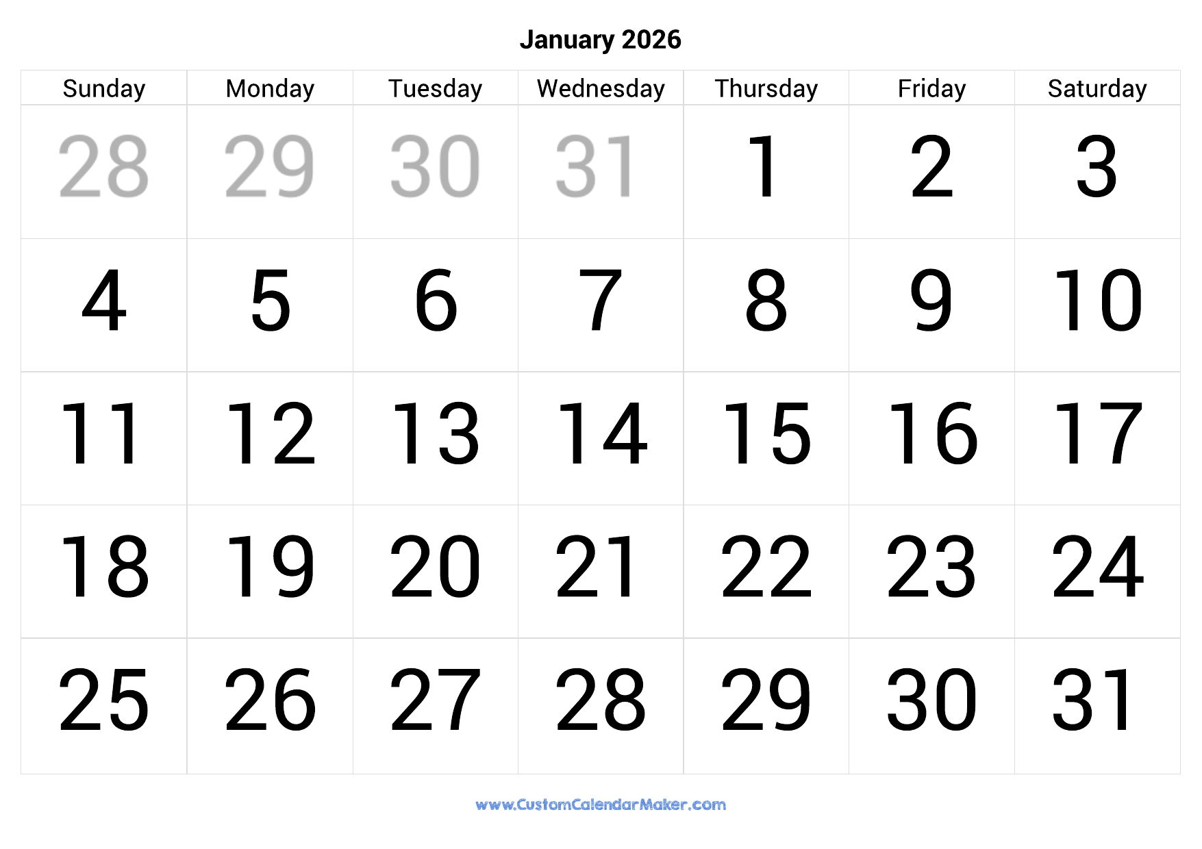 January 2026 Calendar Printable With Large Numbers Custom 