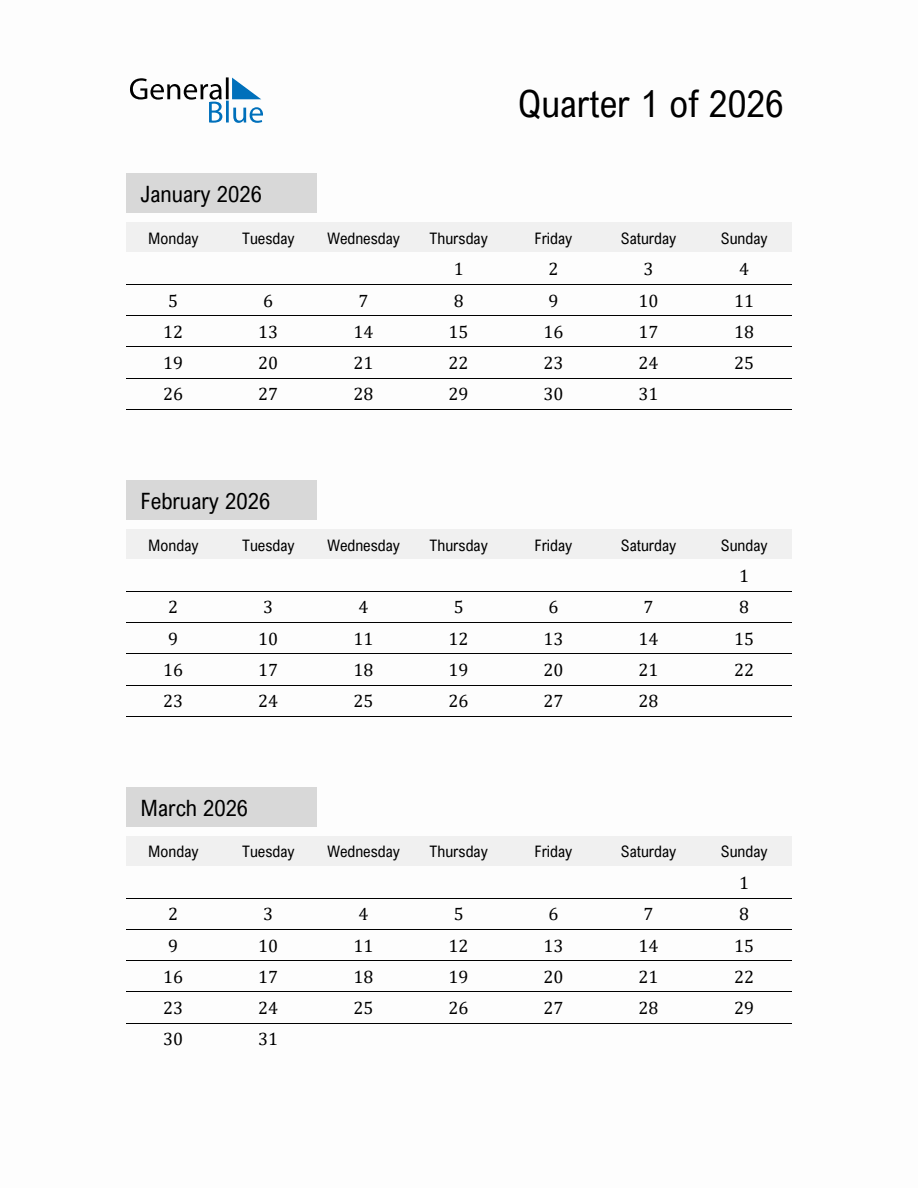 January February And March 2026 Calendar Template Monday Start