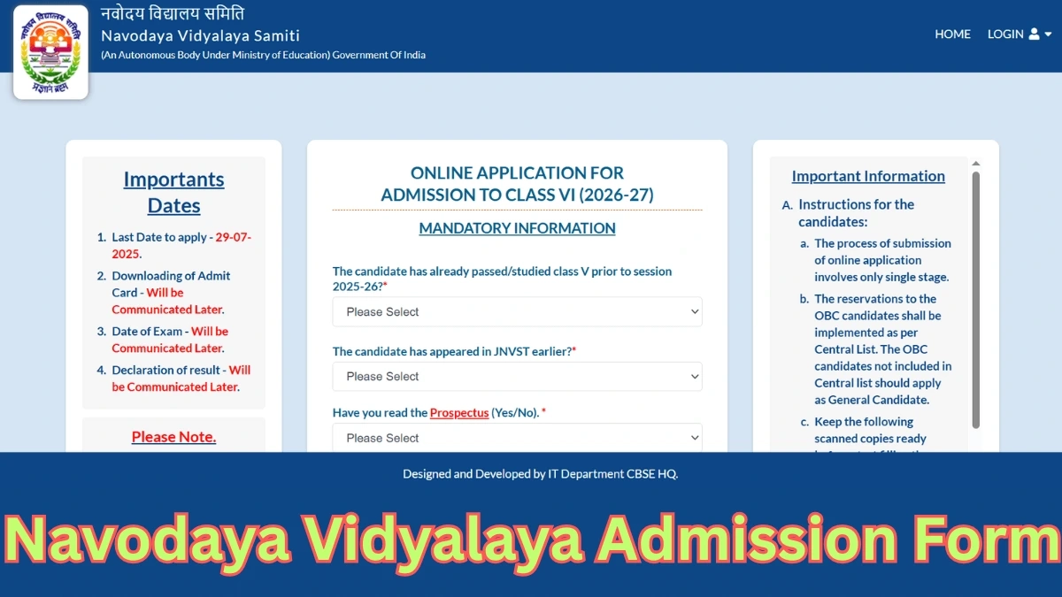 Jawahar Navodaya Application Form 2026 27 Last Date Today 