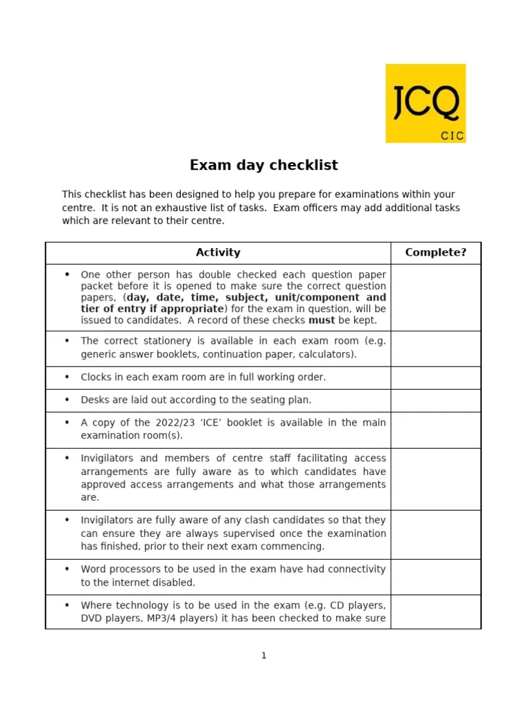 JCQ Exam Day Checklist PDF Computing