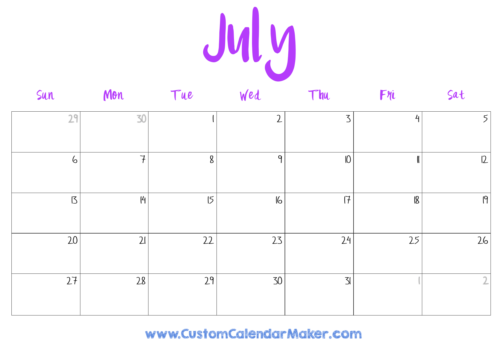 Printable Blank July Calendar