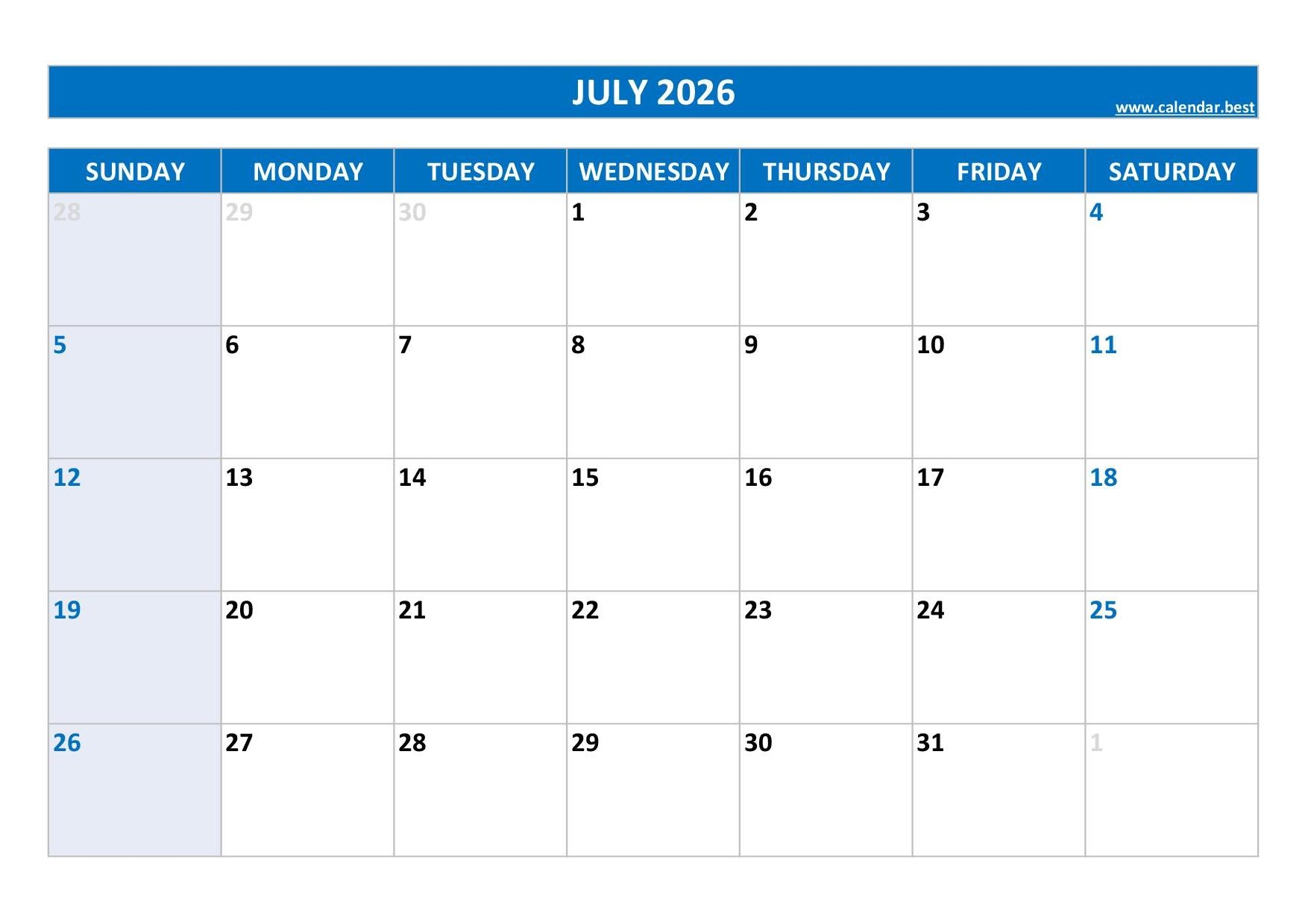 Printable Monthly Calendar 2026 July Blank