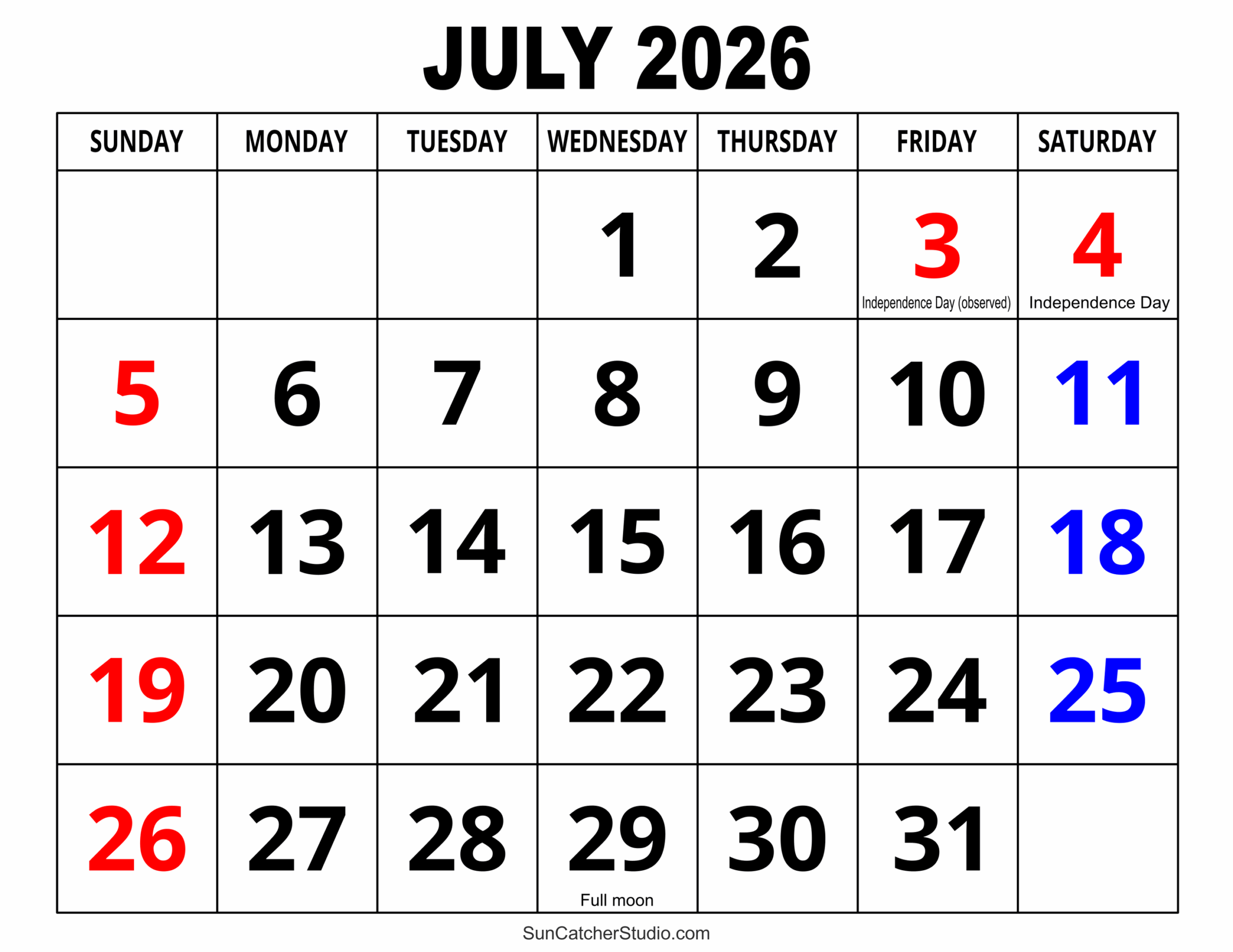 July Blank Calendar 2026 Printable