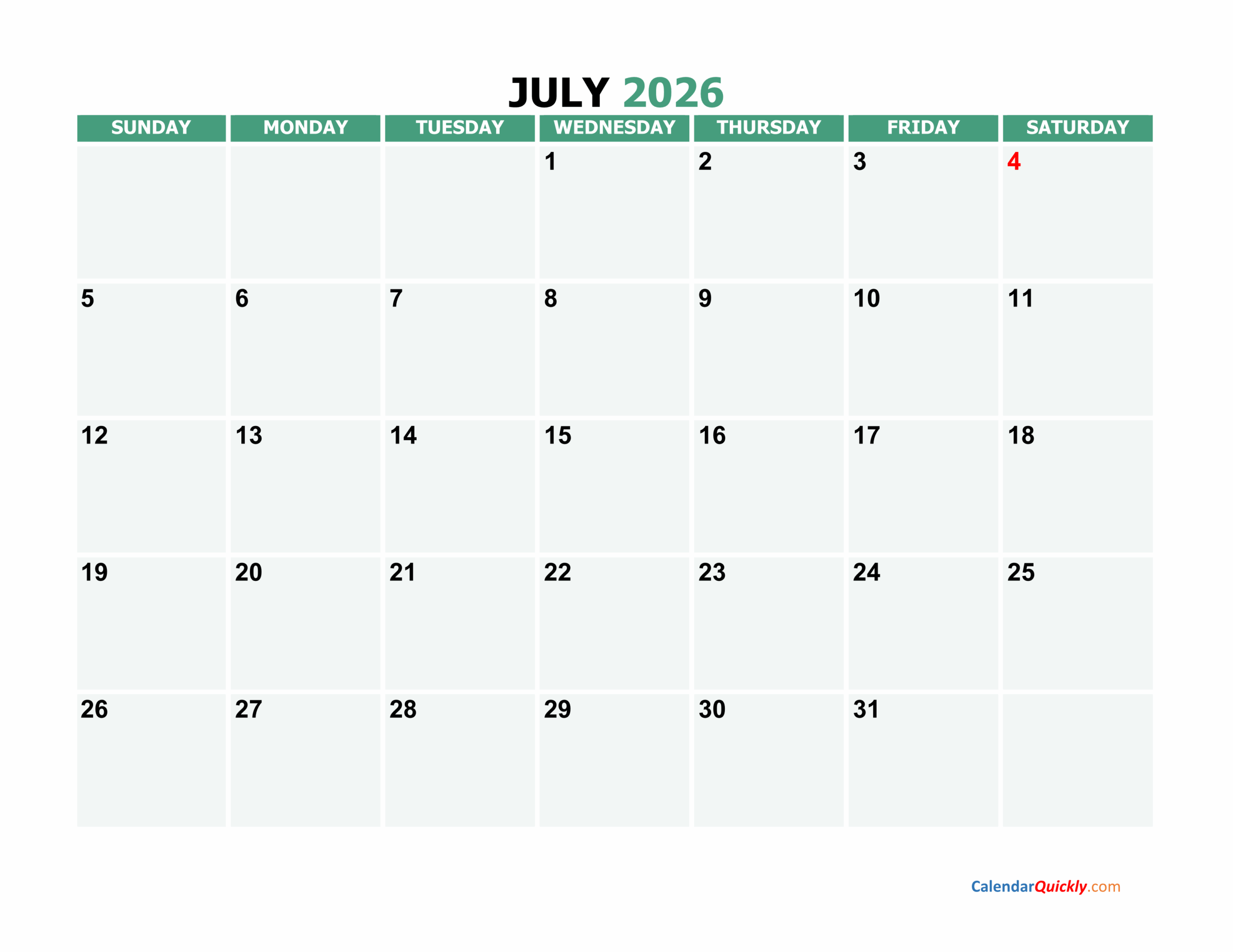 Printable Blank July Calendar 2026