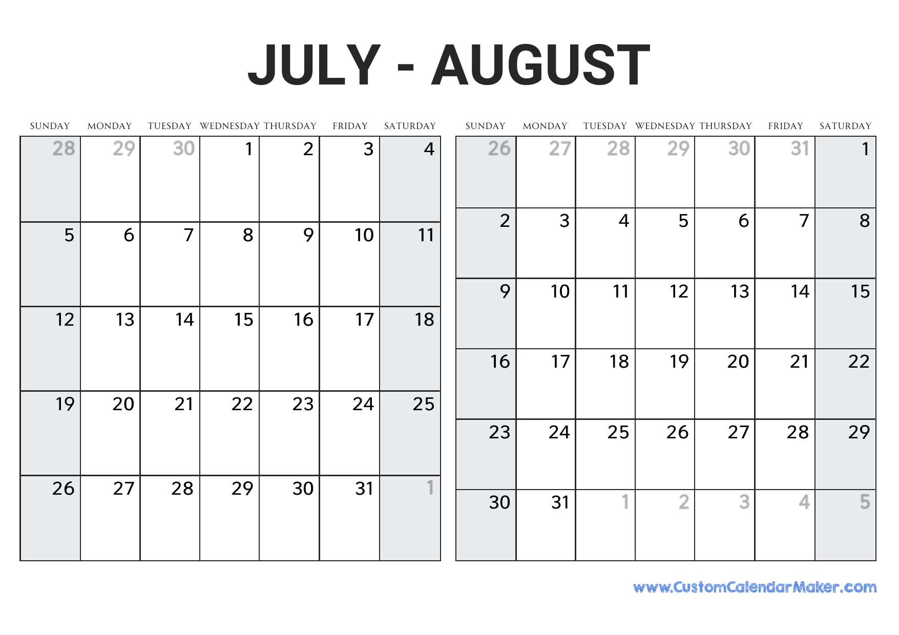 July And August 2026 Calendar Custom Calendar Maker