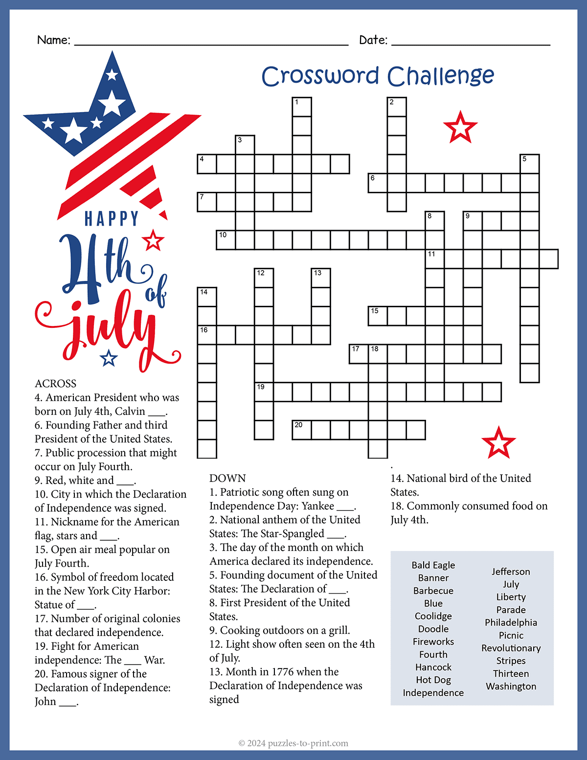 Free Printable Crossword Puzzles Usa Holidays