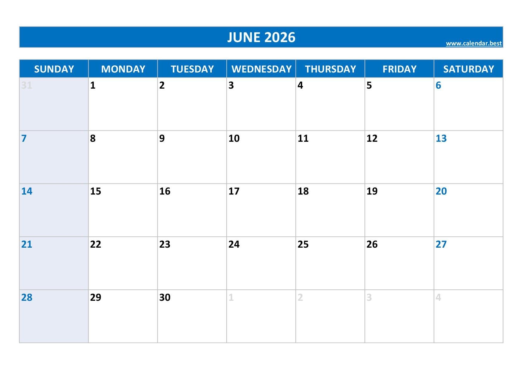 June Blank Calendar 2026 Download