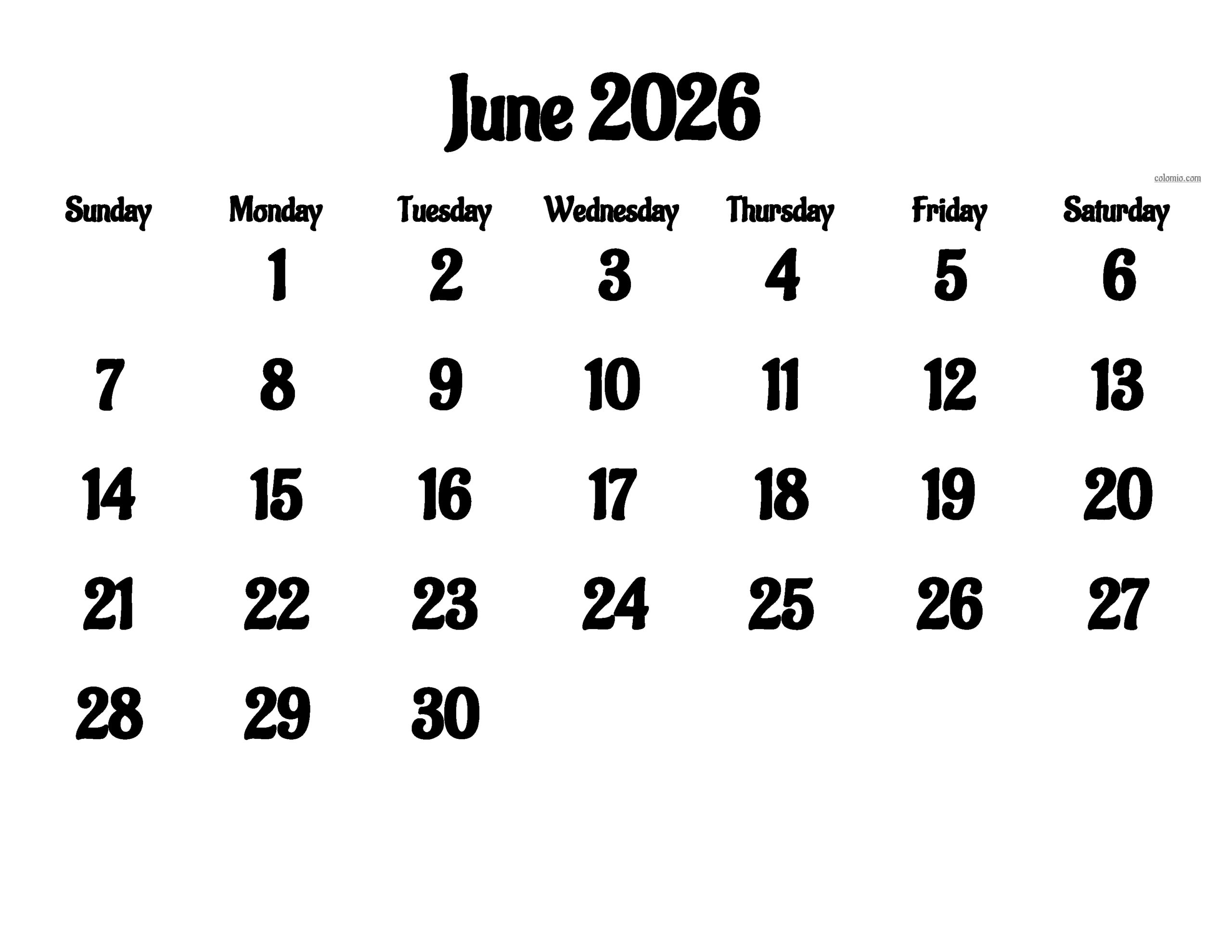 Blank Calendar For June 2026 Landscape