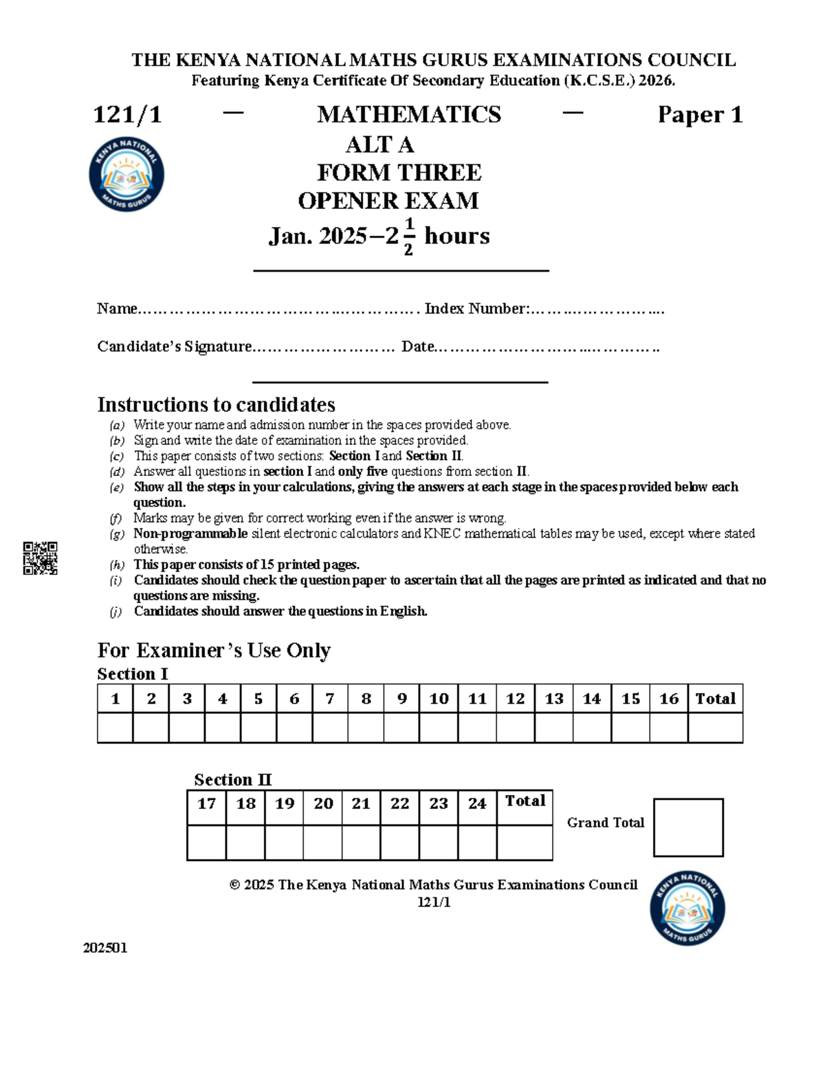 K C S E 2026 Form 3 Maths Opener Exam Set 1 Paper 1 Studocu