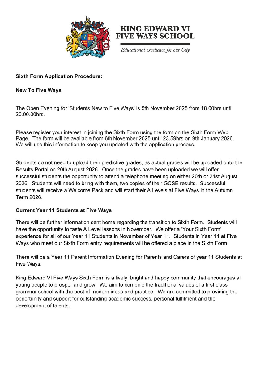 King Edward VI Five Ways Schoo External Sixth Form Application 
