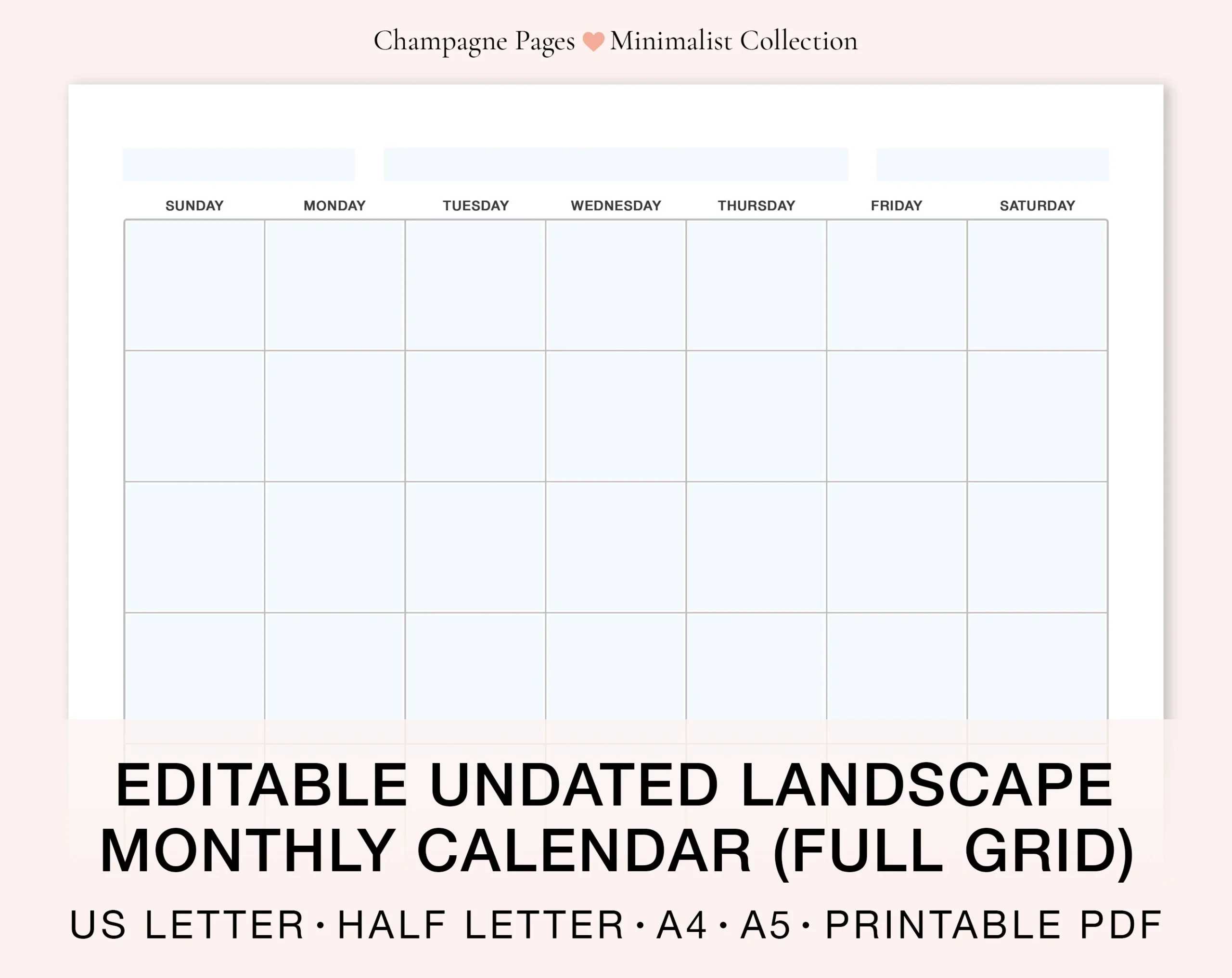 Landscape Editable fillable Blank Monthly Calendar Horizontal 