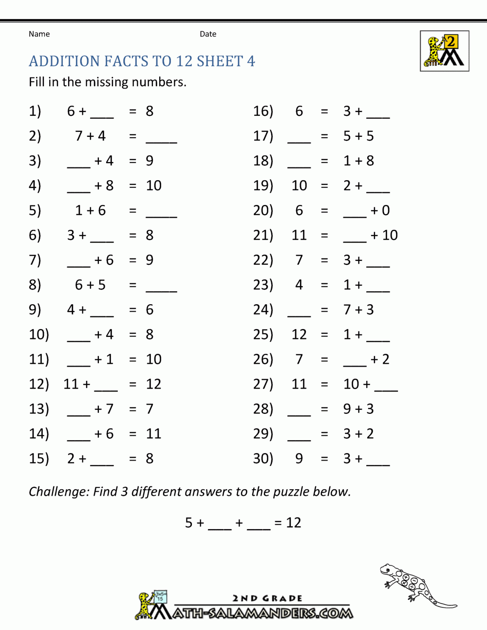 Learning Addition Facts To 12
