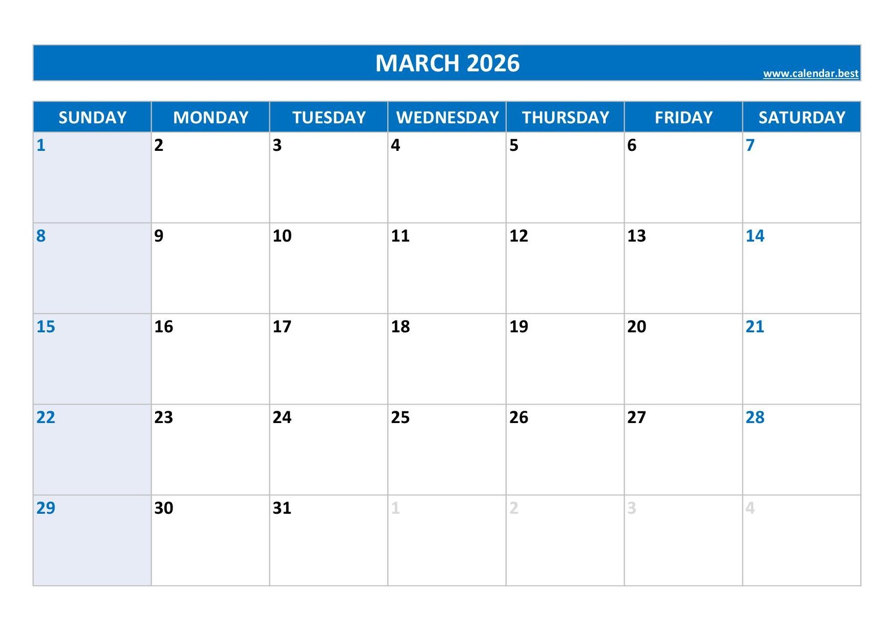 Free Calendar Printable 2026 March