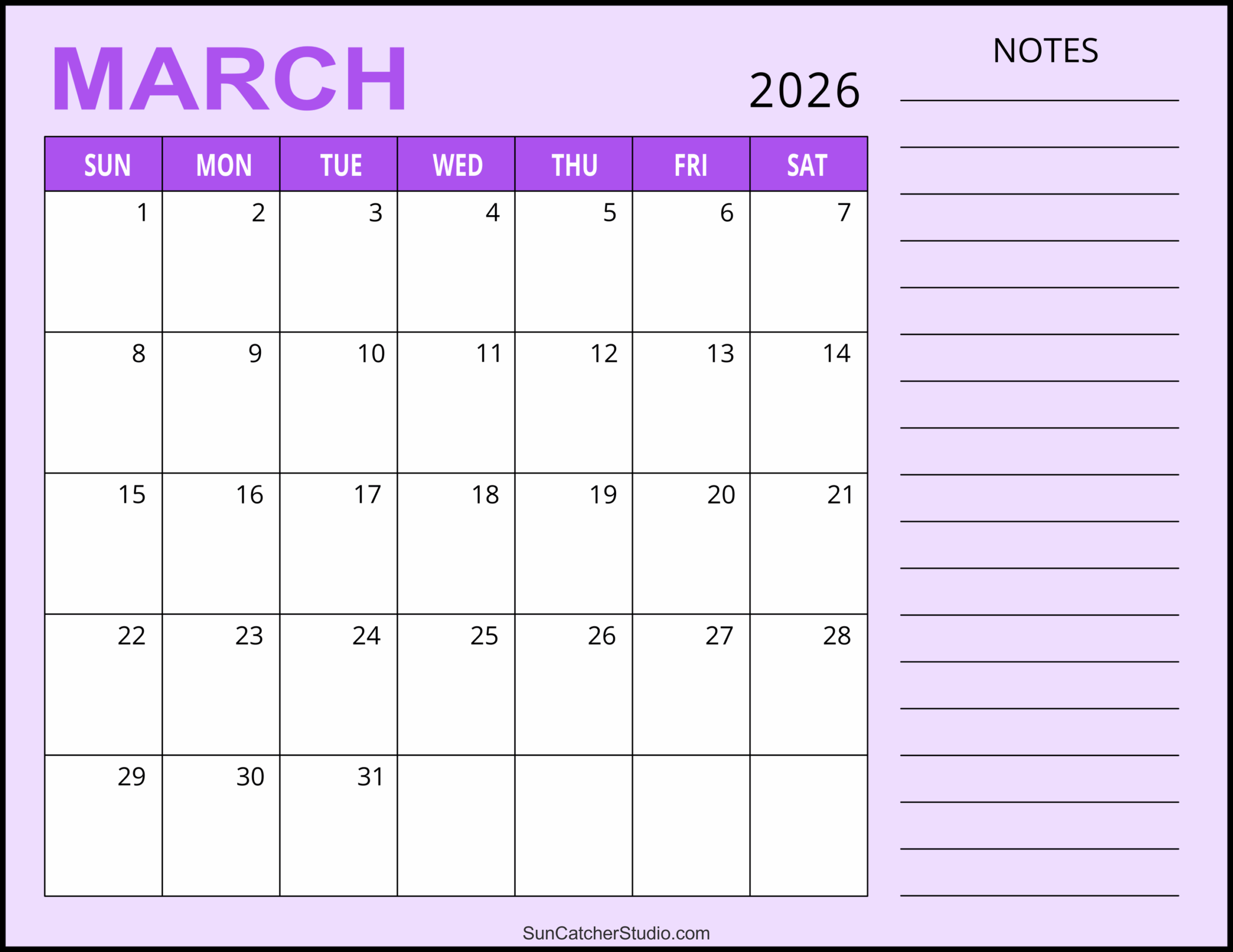 March 2026 Weekly Calendar Printable