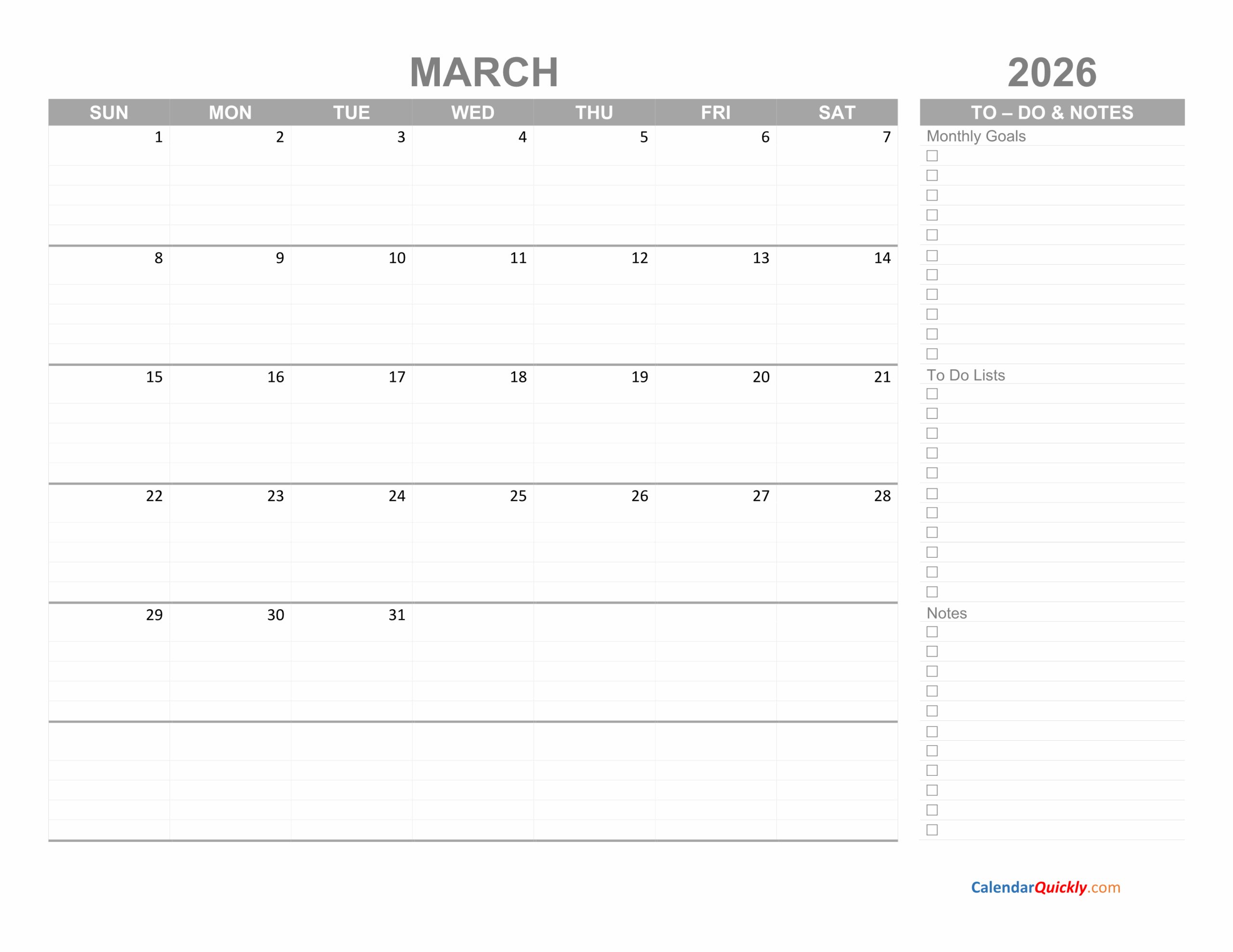 March 2026 Printable Calendar
