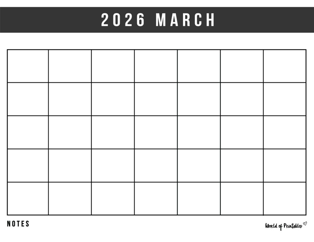 Blank Calendar March 2026 Free Printable