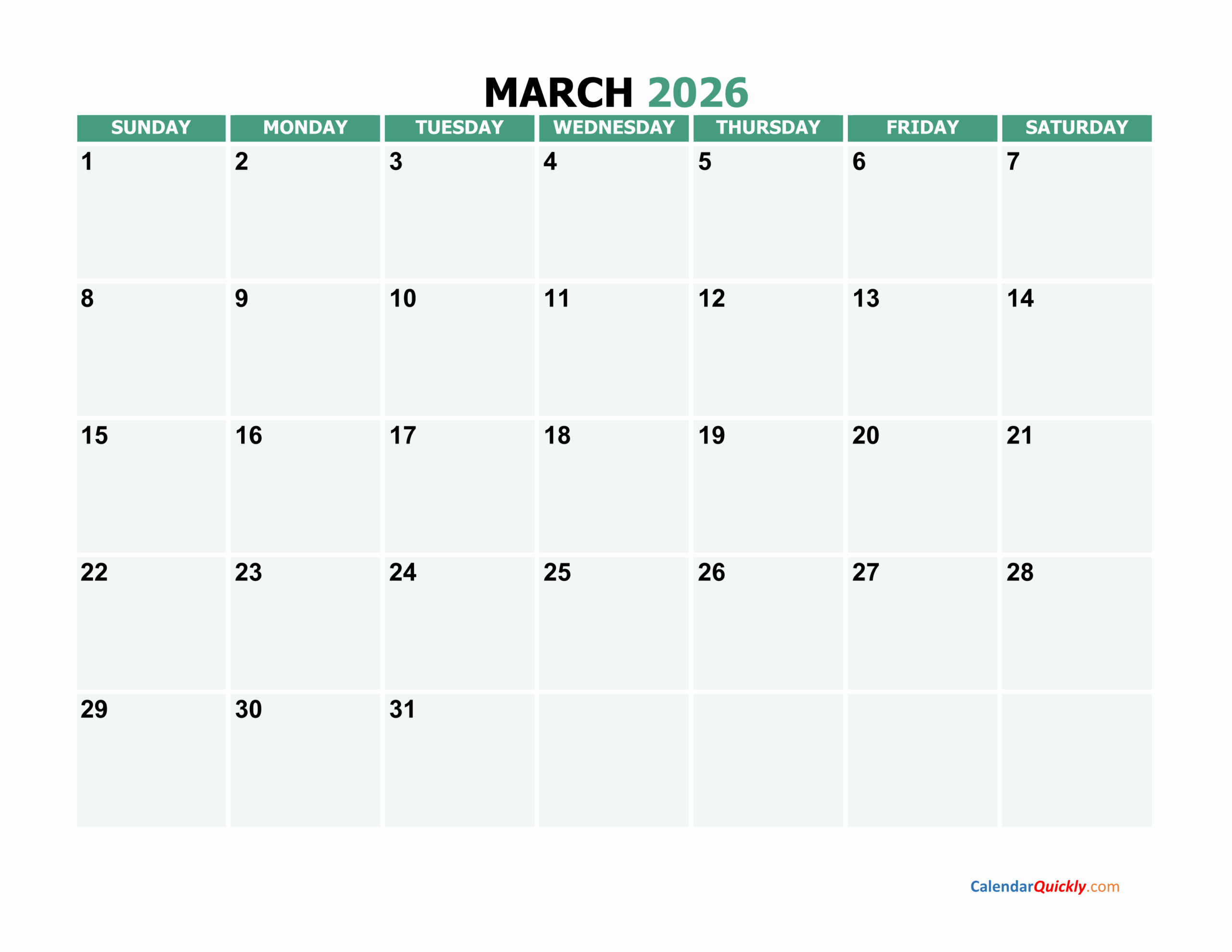 Print Blank March Calendar 2026