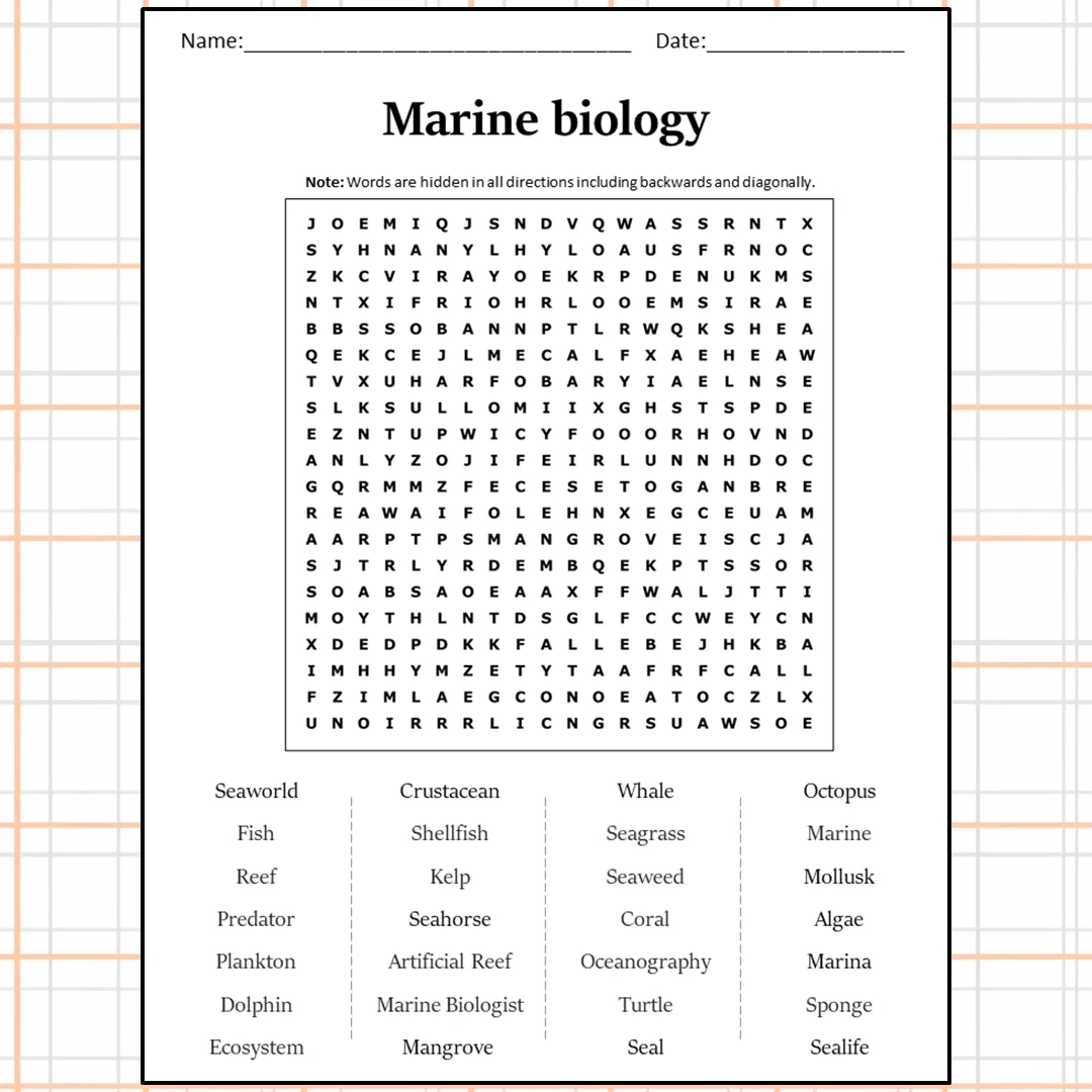 Marine Biology Word Search Puzzle Worksheet Activity PDF