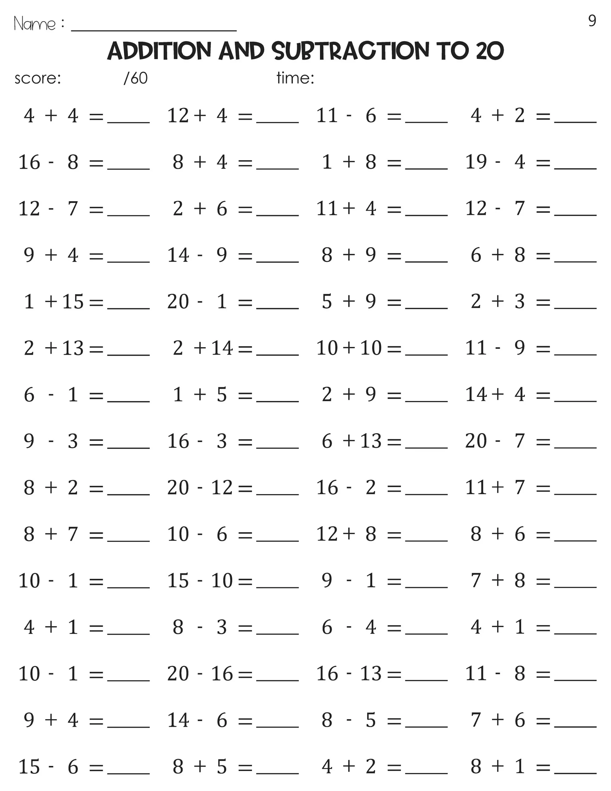 Math Fact Fluency Addition And Subtraction To 20 Timed Tests 