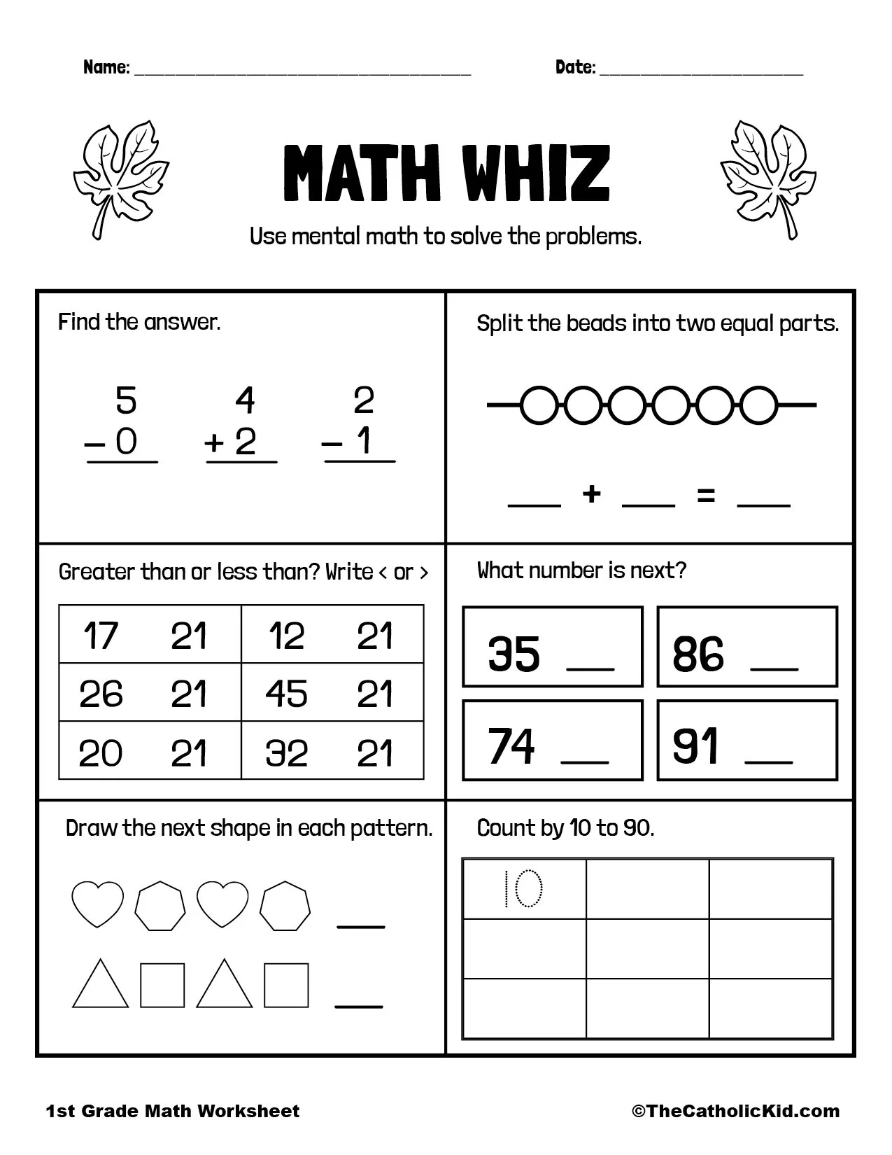 Math Review Page 1st Grade Math Worksheet Catholic 