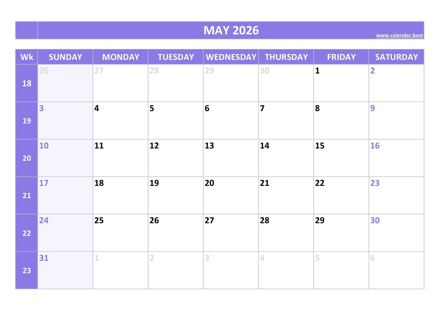 Blank May 2026 Calendar Page
