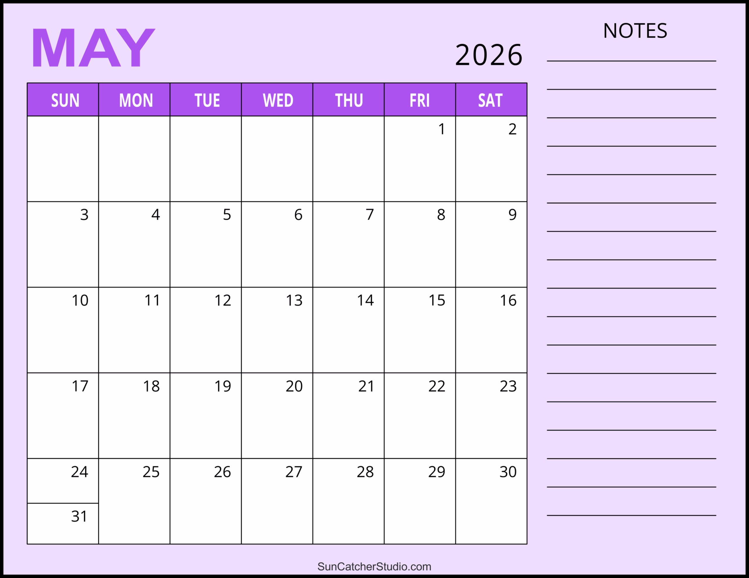 2026 Calendar Printable With Notes