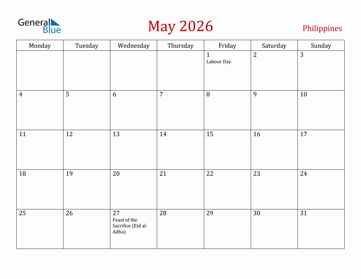 May 2026 Philippines Monthly Calendar With Holidays Monday Start 